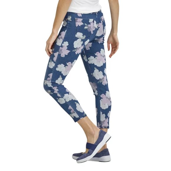 new HUE Women's Denim-look Blue Floral High-Rise Skimmer Leggings - Size Medium - Picture 5 of 10